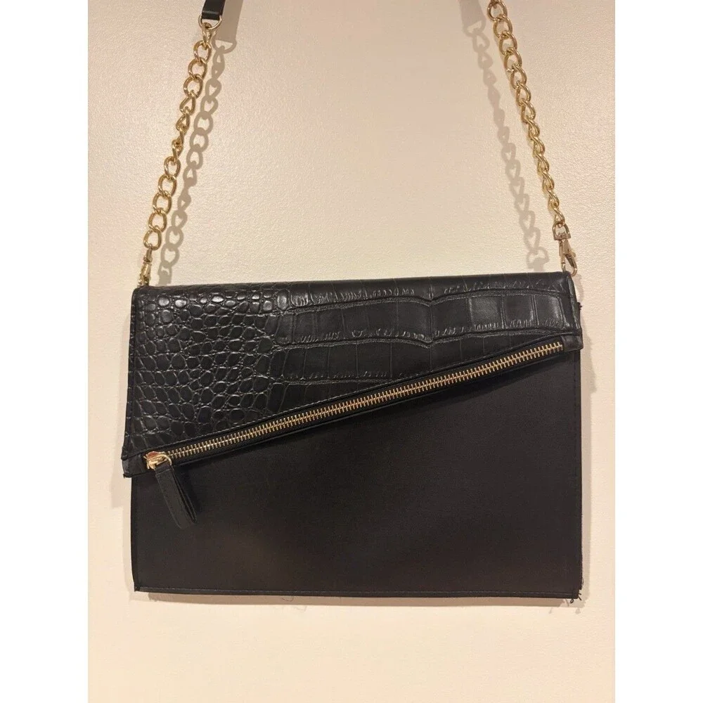 Black Crocodile Embossed Crossbody Clutch, Zip/Snap, Detach Chain Strap, Gold